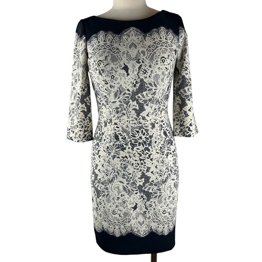 Adrianna Papell Black Ivory Lace Print Sheath Dress 3/4 Sleeve Size 6 Career